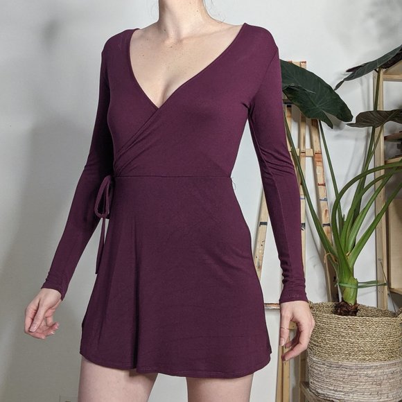 Garage Burgundy Romper Wrap Dress - Picture 1 of 7